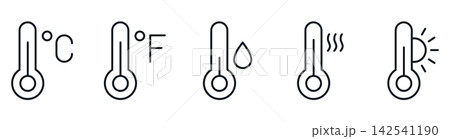 Set of five outline icons representing temperature in celsius and fahrenheit, humidity, heat, and sunny weather Set of five outline icons representing temperature in celsius and fahrenheit, humidity, heat, and sunny weather 142541190