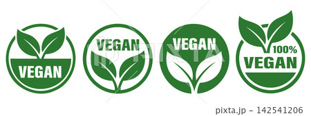 Circular green vegan badges and stamps with leaf icons, isolated on white background 142541206
