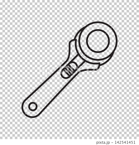 Clean line art icon of a circular blade rotary cutter used for cutting fabric and quilting. Clean line art icon of a circular blade rotary cutter used for cutting fabric and quilting. 142541451