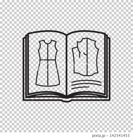 Line art icon of an open book displaying dressmaking patterns and fashion sketches. Line art icon of an open book displaying dressmaking patterns and fashion sketches. 142541453