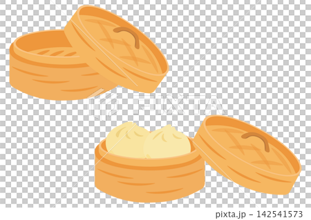 An illustrated set of Chinese steamers with the lid open (empty and filled with steamed buns). An illustrated set of Chinese steamers with the lid open (empty and filled with steamed buns). 142541573