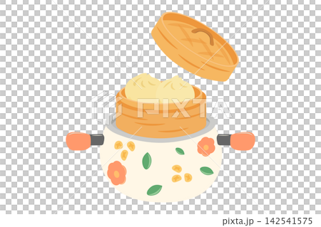 An illustration of a retro-style pot with two handles and a steamed bun in a Chinese steamer with the lid open. An illustration of a retro-style pot with two handles and a steamed bun in a Chinese steamer with the lid open. 142541575