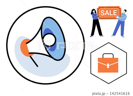 Megaphone, people holding sale sign and briefcase icons vector illustration. Advertising, commerce, retail, business, communication, employment. Loudspeaker, shoppers discount work bag Megaphone, people holding sale sign and briefcase icons vector illustration. Advertising, commerce, retail, business, communication, employment. Loudspeaker, shoppers discount work bag 142541618