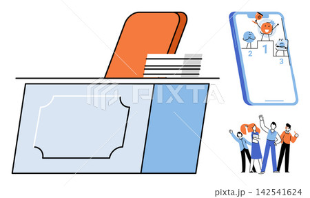 Office desk with documents and team members celebrating success vector illustration. Corporate culture, professional growth, teamwork, leadership, business achievement, office environment. Workplace 142541624