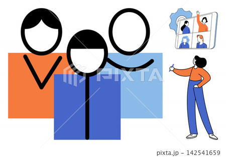 People icons and a woman presenting a video conference on a tablet vector illustration. Remote work, digital communication, virtual team, online education, business meeting, webinar. Group avatars 142541659