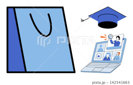 Shopping bag with graduation cap and laptop showing online class vector illustration. E-learning, academic degree, digital store, remote study, university course, retail. School supplies Shopping bag with graduation cap and laptop showing online class vector illustration. E-learning, academic degree, digital store, remote study, university course, retail. School supplies 142541663