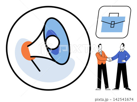 Megaphone and business people shaking hands vector illustration. Marketing, corporate strategy, professional networking, partnership, public relations, career growth. Loudspeaker and colleagues Megaphone and business people shaking hands vector illustration. Marketing, corporate strategy, professional networking, partnership, public relations, career growth. Loudspeaker and colleagues 142541674