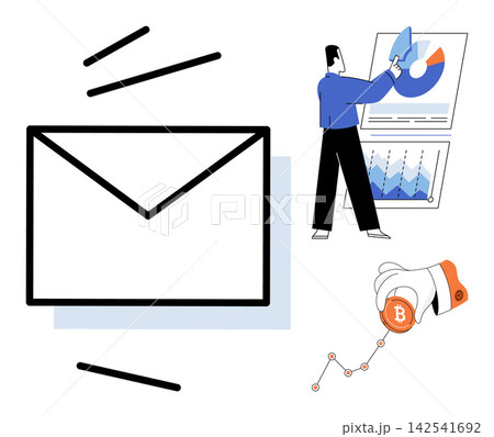 Email icon, businessman analyzing charts, and hand holding bitcoin vector illustration. Digital marketing, financial growth, investment strategy, corporate communication, data analysis Email icon, businessman analyzing charts, and hand holding bitcoin vector illustration. Digital marketing, financial growth, investment strategy, corporate communication, data analysis 142541692
