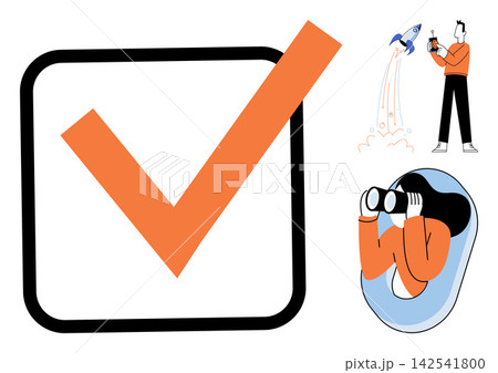Checkmark symbol with people launching a rocket and using binoculars vector illustration. Achievement, startup, vision, strategy, planning, growth. Success icon with characters observing future Checkmark symbol with people launching a rocket and using binoculars vector illustration. Achievement, startup, vision, strategy, planning, growth. Success icon with characters observing future 142541800