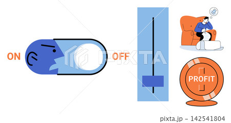 Toggle switch, slider, and profit icons vector illustration. Productivity, financial growth, business optimization, income control, strategic planning, corporate success. Settings and earnings Toggle switch, slider, and profit icons vector illustration. Productivity, financial growth, business optimization, income control, strategic planning, corporate success. Settings and earnings 142541804