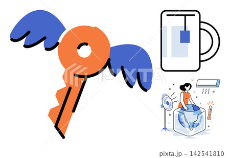 Flying key, tea cup, and person cooling down with ice vector illustration. Freedom, relaxation, climate control, global warming, refreshment, comfort. Winged object, beverage mug, heat relief 142541810