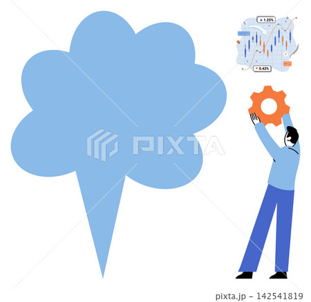 Businessman holding a gear next to a speech bubble and financial chart vector illustration. Business strategy, market analysis, corporate growth, communication, planning, success. Professional worker 142541819