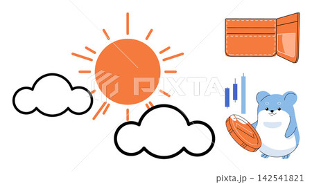 Hamster holding a coin with sun clouds and wallet vector illustration. Financial growth, crypto trading, market investment, savings strategy, wealth management, passive income. Rodent investor 142541821