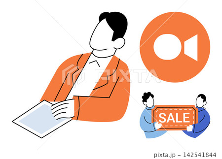 Business person using a digital tablet and people holding a sale sign vector illustration. Marketing, commerce, retail, shopping, advertising, business strategy. Office worker with device Business person using a digital tablet and people holding a sale sign vector illustration. Marketing, commerce, retail, shopping, advertising, business strategy. Office worker with device 142541844