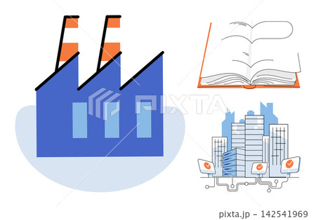 Industrial factory building open book and modern cityscape vector illustration. Education, urban development, manufacturing, knowledge, infrastructure, business growth. Plant facility textbook town Industrial factory building open book and modern cityscape vector illustration. Education, urban development, manufacturing, knowledge, infrastructure, business growth. Plant facility textbook town 142541969