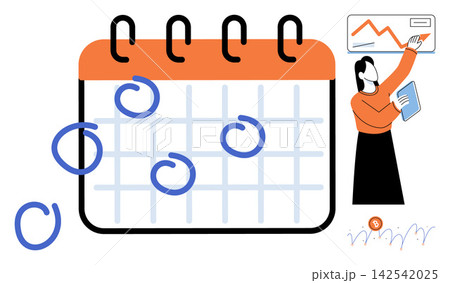 Woman analyzing financial charts and marking dates on a calendar vector illustration. Project management, business strategy, financial planning, time management, data analysis, productivity 142542025