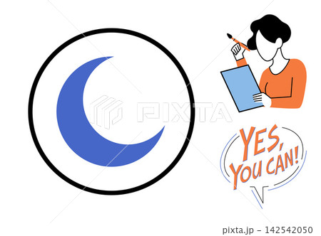 A woman drawing with a moon icon and motivational text vector illustration. Creativity, artistic inspiration, positive mindset, goal setting, night work, self belief. Female illustrator sketching 142542050