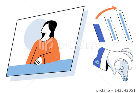 Person looking at a frame with a hand holding a light bulb vector illustration. Innovation, brainstorming, creativity, problem solving, inspiration, strategy. Thinking woman and glowing lamp 142542051
