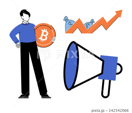 Man holding a bitcoin coin with a megaphone and rising profit chart vector illustration. Finance, marketing, investment, cryptocurrency, business, growth. Person with digital currency and speaker Man holding a bitcoin coin with a megaphone and rising profit chart vector illustration. Finance, marketing, investment, cryptocurrency, business, growth. Person with digital currency and speaker 142542066