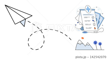 Paper airplane flying towards medical report and landscape icons vector illustration. Travel, healthcare, tourism, insurance, planning, destination. Origami aircraft moving to health documents 142542070