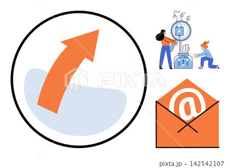 Business growth arrow, energy charging, and email envelope vector illustration. Marketing, productivity, technology, communication, development, success. Corporate icons for web design and digital Business growth arrow, energy charging, and email envelope vector illustration. Marketing, productivity, technology, communication, development, success. Corporate icons for web design and digital 142542107