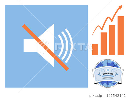 Muted sound icon with growth chart and global certificate vector illustration. Audio control, business growth, international certification, digital media, data analysis, quality assurance. Silent 142542142
