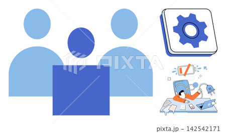 Business team icons and exhausted employee with low battery vector illustration. Productivity, corporate management, workplace stress, professional burnout, task delegation, office fatigue. Staff 142542171