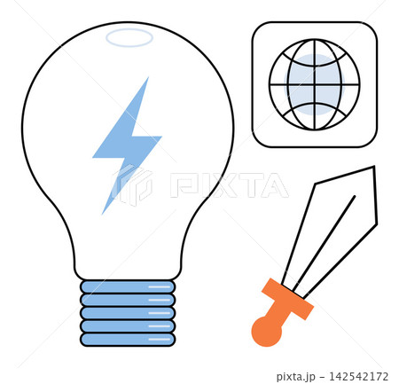 Light bulb with lightning bolt globe icon and sword vector illustration. Innovation, global energy, power, strategy, conflict, technology. Electric lamp, world symbol, blade graphic 142542172