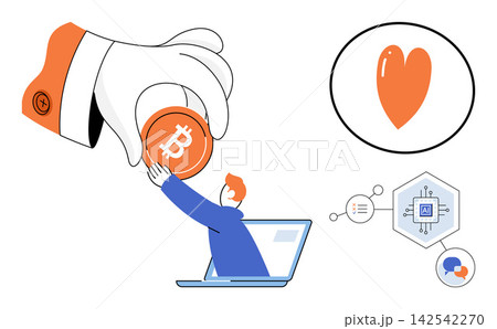 Hand giving a bitcoin to a person emerging from a laptop vector illustration. Cryptocurrency, digital finance, online investment, virtual economy, fintech, blockchain technology. Hand offering Hand giving a bitcoin to a person emerging from a laptop vector illustration. Cryptocurrency, digital finance, online investment, virtual economy, fintech, blockchain technology. Hand offering 142542270