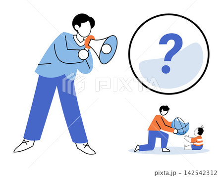 Man with megaphone and parent playing with child vector illustration. Communication, parenting, education, development, guidance, family bonding. Person shouting into loudspeaker and father 142542312