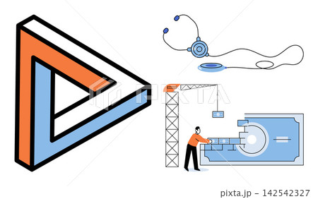 Set of abstract business and medical icons vector illustration. Innovation, healthcare, finance, development, strategy, problem solving. Impossible shape, diagnostic tool, building money 142542327