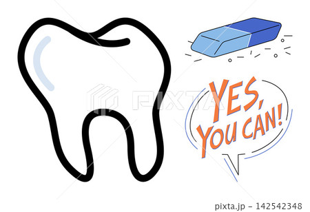 A tooth icon with an eraser and motivational text vector illustration. Dentistry, oral hygiene, teeth whitening, problem solving, positive mindset, dental health. Molar symbol and rubber 142542348
