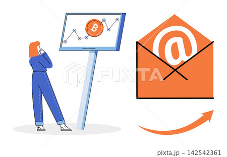 Woman looking at a bitcoin price chart and an email icon vector illustration. Cryptocurrency investment, digital marketing, financial analysis, newsletter strategy, online trading, communication Woman looking at a bitcoin price chart and an email icon vector illustration. Cryptocurrency investment, digital marketing, financial analysis, newsletter strategy, online trading, communication 142542361