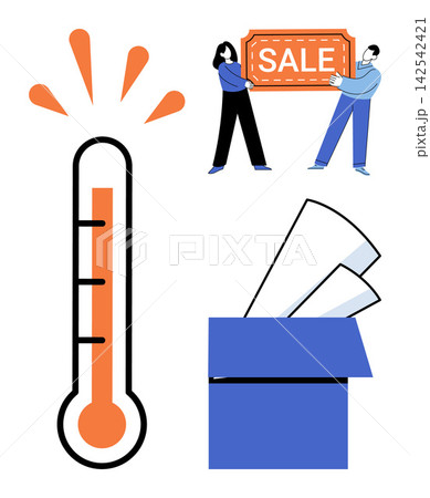 Thermometer, people holding a sale sign, and a box with documents vector illustration. Marketing, retail, commerce, shipping, logistics, temperature. Measuring device, shoppers package papers Thermometer, people holding a sale sign, and a box with documents vector illustration. Marketing, retail, commerce, shipping, logistics, temperature. Measuring device, shoppers package papers 142542421