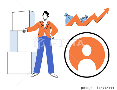Business person standing by boxes with financial growth charts and user profile icon vector illustration. Sales, marketing, logistics, investment, management, customer service. Entrepreneur 142542444