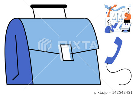 Blue briefcase with telephone handset and office icons vector illustration. Business, corporate, communication, management, strategy, professional. Office bag with phone handset Blue briefcase with telephone handset and office icons vector illustration. Business, corporate, communication, management, strategy, professional. Office bag with phone handset 142542451