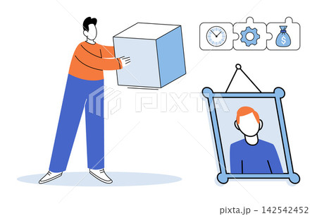 Man carrying a large cube box with time gear and money icons vector illustration. Productivity, business management, workflow, financial planning, efficiency, task organization. Person holding square 142542452