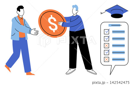 Two people exchanging a large dollar coin next to a graduation cap and checklist vector illustration. Tuition fees, academic funding, student loans, scholarship, financial aid, investment. Men Two people exchanging a large dollar coin next to a graduation cap and checklist vector illustration. Tuition fees, academic funding, student loans, scholarship, financial aid, investment. Men 142542475