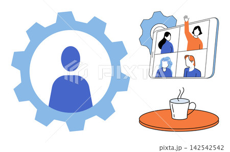 People in a video conference on a tablet with a gear icon vector illustration. Remote work, digital communication, virtual meeting, team collaboration, online business, corporate connection. Virtual People in a video conference on a tablet with a gear icon vector illustration. Remote work, digital communication, virtual meeting, team collaboration, online business, corporate connection. Virtual 142542542