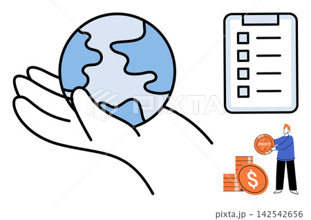 Hand holding planet earth, checklist, and person with coins vector illustration. Environmental protection, corporate responsibility, financial management, investment, ecology, global economy. World Hand holding planet earth, checklist, and person with coins vector illustration. Environmental protection, corporate responsibility, financial management, investment, ecology, global economy. World 142542656
