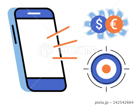 Smartphone with currency symbols and target icon vector illustration. Finance, investment, banking, marketing, goal, strategy. Cellphone displaying money signs and bullseye graphic elements Smartphone with currency symbols and target icon vector illustration. Finance, investment, banking, marketing, goal, strategy. Cellphone displaying money signs and bullseye graphic elements 142542664