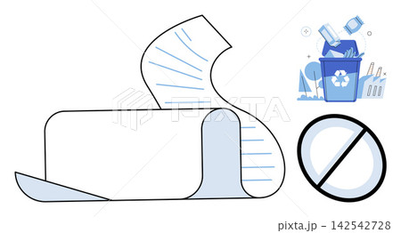 Paper roll, recycling bin, and prohibition sign vector illustration. Sustainability, waste management, environmental protection, ecology, garbage disposal, zero waste. Document scroll, trash can Paper roll, recycling bin, and prohibition sign vector illustration. Sustainability, waste management, environmental protection, ecology, garbage disposal, zero waste. Document scroll, trash can 142542728