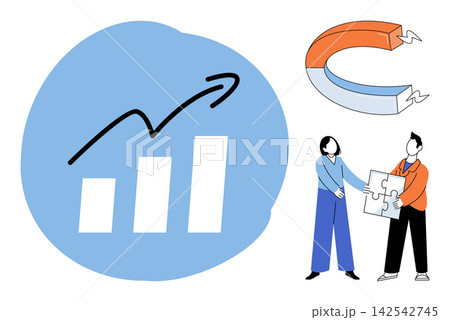 Growth chart with magnet and people assembling puzzle pieces vector illustration. Marketing, business development, teamwork, problem solving, strategy, success. Rising graph with team cooperation Growth chart with magnet and people assembling puzzle pieces vector illustration. Marketing, business development, teamwork, problem solving, strategy, success. Rising graph with team cooperation 142542745