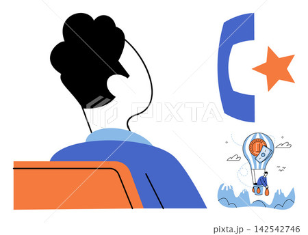 Person looking at communication and finance icons vector illustration. Customer support, investment strategy, remote business, financial growth, digital connection, money management. User viewing Person looking at communication and finance icons vector illustration. Customer support, investment strategy, remote business, financial growth, digital connection, money management. User viewing 142542746