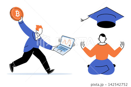 Person holding bitcoin and laptop with meditating student and graduation cap vector illustration. Financial growth, digital currency, online education, mindfulness, career success, wealth. Crypto Person holding bitcoin and laptop with meditating student and graduation cap vector illustration. Financial growth, digital currency, online education, mindfulness, career success, wealth. Crypto 142542752
