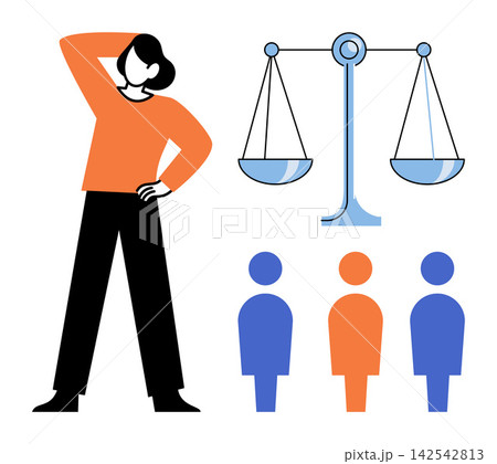 A person thinking next to scales of justice and people icons vector illustration. Legal advice, social equality, decision making, ethical choice, human rights, law system. Individual pondering A person thinking next to scales of justice and people icons vector illustration. Legal advice, social equality, decision making, ethical choice, human rights, law system. Individual pondering 142542813