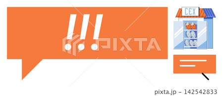 Speech bubble with exclamation marks and retail store icon vector illustration. Shopping, retail, commerce, notification, alert, consumerism. Chat balloon with warning signs and shop 142542833