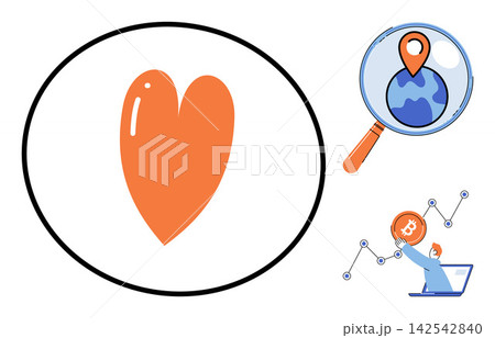 Heart icon, location search, and bitcoin growth vector illustration. Love, navigation, finance, cryptocurrency, investment, digital marketing. Romantic symbol, map pin money profit chart Heart icon, location search, and bitcoin growth vector illustration. Love, navigation, finance, cryptocurrency, investment, digital marketing. Romantic symbol, map pin money profit chart 142542840