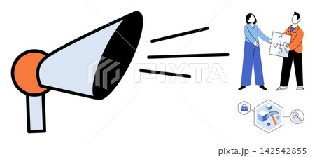 Megaphone and business people connecting puzzle pieces vector illustration. Marketing, communication, teamwork, strategy, problem solving, business growth. Loudspeaker and colleagues joining jigsaw 142542855