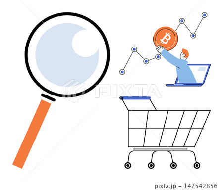 Magnifying glass, person with bitcoin and shopping cart vector illustration. Financial analysis, digital currency, online shopping, market research, investment growth, retail trade. Search tool Magnifying glass, person with bitcoin and shopping cart vector illustration. Financial analysis, digital currency, online shopping, market research, investment growth, retail trade. Search tool 142542856